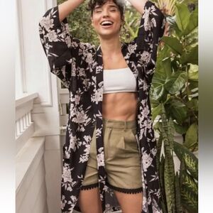 Spiritual Gangster Maya Kimono Robe Black Midi Duster Floral One Size O/S Gray